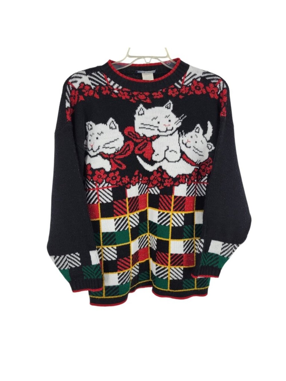 VTG Ugly Christmas Sweater Cats Plaid Tartan Kitschy Holiday Xmas Black Medium